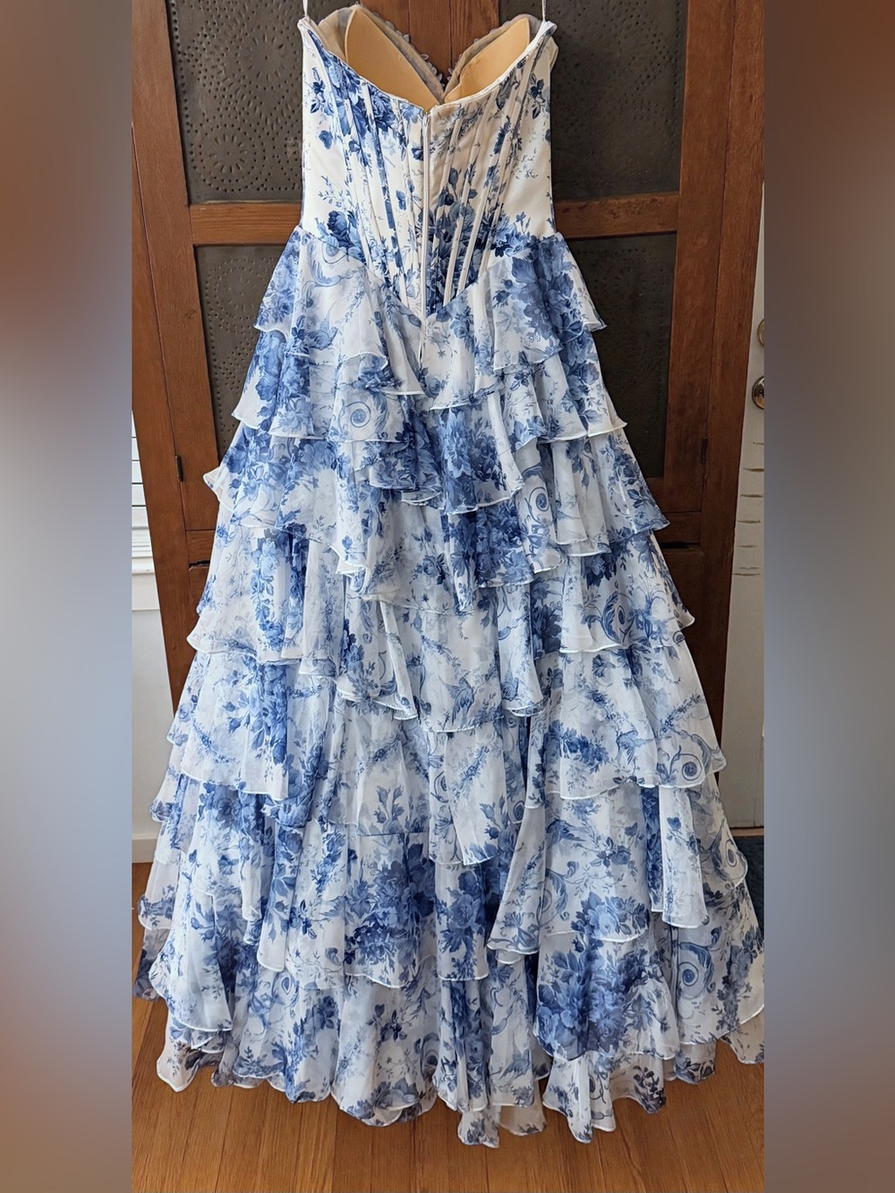 Sherri Hill 57250 Strapless Blue Toile Ruffle Prom Gown. - Picture 4 of 9